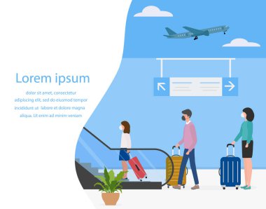 Vector Illustration Havalimanı İnsanları valizli Yürüyen Yürüyen Yürüyen Yürüyen Yürüyen Yürüyen Turist yaşam tarzı İş Uçağı Taşınan Merdiven Çocuk Yaz Tatili. Seyahat acentesi ve rezervasyon servisi kavramı