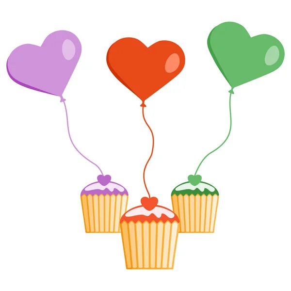 Ilustración Vectorial Globos Magdalenas Con Corazones Feliz San Valentín Cupcake — Vector de stock