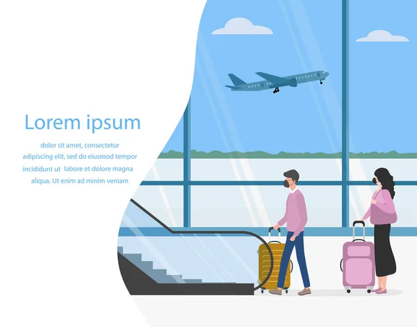 Vektor Illustration Flygplats Personer Med Resväskor Rulltrappa Semester Turism Resa — Stock vektor