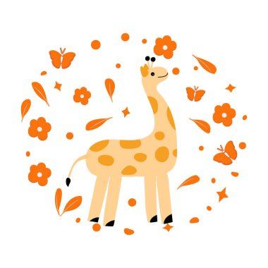 Vektör çizimi, gülümseyen zürafa Afrikalı hayvan. Vahşi yaşam Afrika Doğa Safari Hayvanat Bahçesi Savanna Çocuk Çizimi