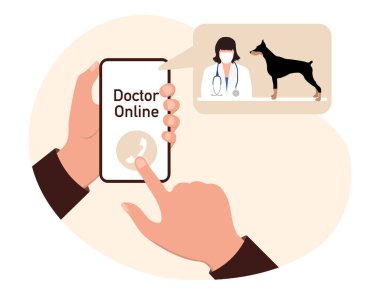 Vektör illüstrasyon Danışmanlık Veterineri Çevrimiçi Eller, köpek sahibiyle çevrimiçi tıbbi iletişim kuruyor. Tıbbi destek veteriner kliniği. Sağlık hizmetleri. Veteriner muayenesi.