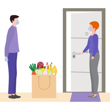 Vektör illüstrasyon Ev Ekspresi Yemek Teslimat Servisi. Yüz maskesi takan insanlar. Coronavirus covid-19. Kurye ve müşteri nakil sırasında güvenli mesafeyi koruyorlar. Çevrimiçi Sıralama