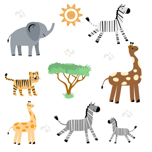 Illustration Vectorielle Animal Africain Girafe Souriante Zèbre Tigre Éléphant Faune — Image vectorielle