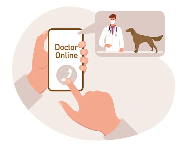 Illustrazione Vettoriale Consultazione Vet Doctor Online Mani Tenere Telefono Cellulare — Vettoriale Stock