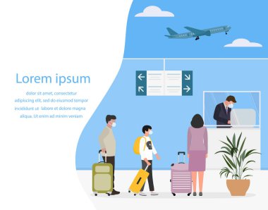 Vektör illüstrasyonu. Yüz maskesi takan ve bavullu insanlar. Havaalanı müşteri kontrolü. Covid-19 Turist Uçağı.