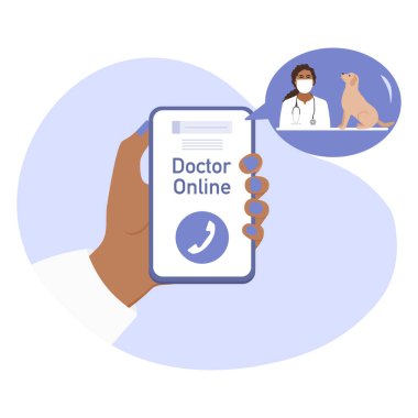 Vektör illüstrasyon Danışmanlık Veterineri Çevrimiçi Eller, köpek sahibiyle çevrimiçi tıbbi iletişim kuruyor. Tıbbi destek veteriner kliniği. Sağlık hizmetleri. Veteriner muayenesi.