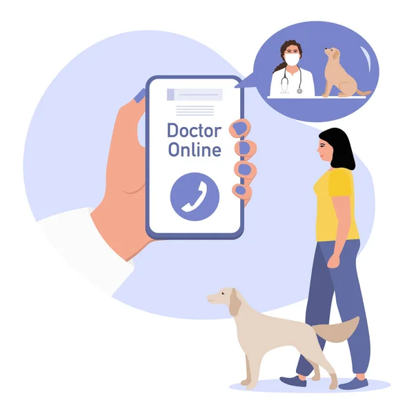 Illustrazione Vettoriale Consultazione Vet Doctor Online Mani Tenere Telefono Cellulare — Vettoriale Stock