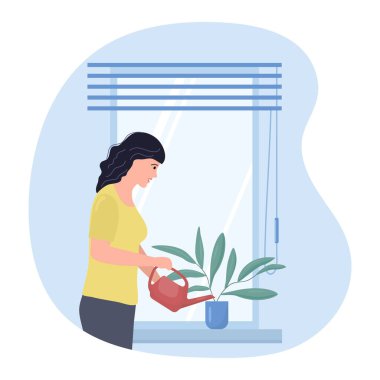 Vektör illüstrasyoncu kız ev bitkileriyle ilgileniyor. Kadın, saksıdaki çiçekleri suluyor. Evde bahçıvanlık. Çiçekçilik. Tohumlar. Bitki yetiştiriyorum. Bahçe araçları.