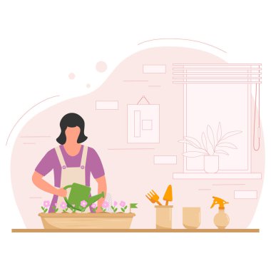 Vektör illüstrasyoncu kız ev bitkileriyle ilgileniyor. Çiçekleri sulama tenceresinden sulayan bir kadın. Evde bahçıvanlık. Çiçekçilik. Tohumlar. Büyüyen çiçekler. Bahçe araçları.