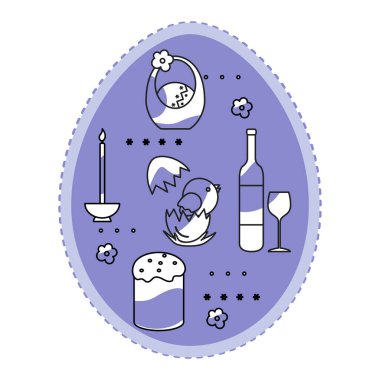 Vektör illüstrasyonu Mutlu Paskalyalar. Paskalya pastası, sepetteki süslü yumurta, şarap, mum, tavuk. Din festivali geçmişi. Etiket Tatil Sürprizi