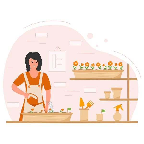 Ilustración Vectorial Girl Encarga Las Plantas Interior Mujer Regando Flores Ilustración De Stock