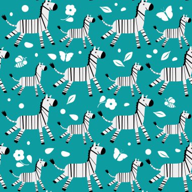 Vahşi yaşam Afrika Doğa kusursuz desenli Vektör illüstrasyonlu Afrikalı gülümseyen zebra. Safari Hayvanat Bahçesi Savanna Çocuk Çizimi