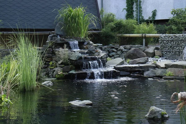 Garden pond with stone raft. A pond with tall grass and large stones. Flowing water from a waterfall into a lake. A place for peace and relaxation. Zen garden, garden care, summer, spring, sunny day. A place for peace and relaxation.