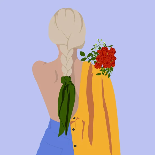 Beautiful Blonde Stands Backwards Holds Flowers Girl Braided Hair Trendy — Vector de stock