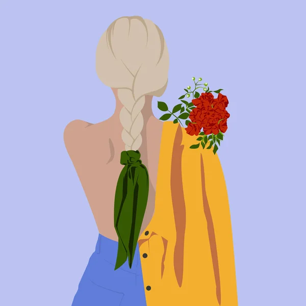 Красивая Блондинка Стоит Спиной Держит Цветы Девушка Плетеными Волосами Модная — стоковый вектор