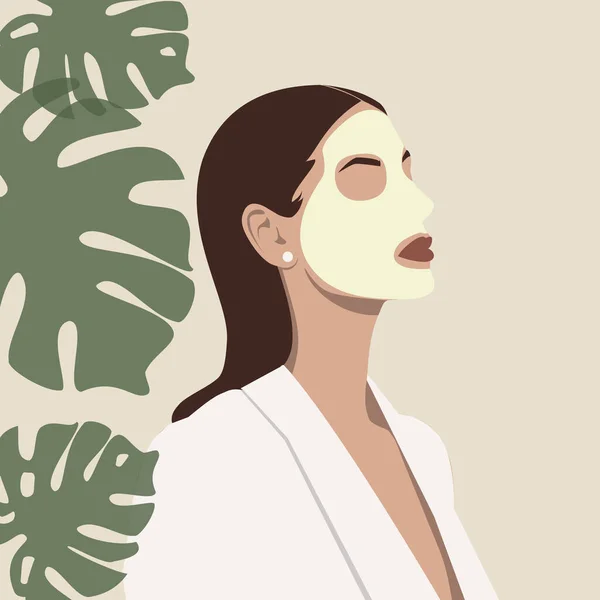 Portrait Beautiful Young Woman Cosmetic Mask Her Face Skin Care — Vector de stock