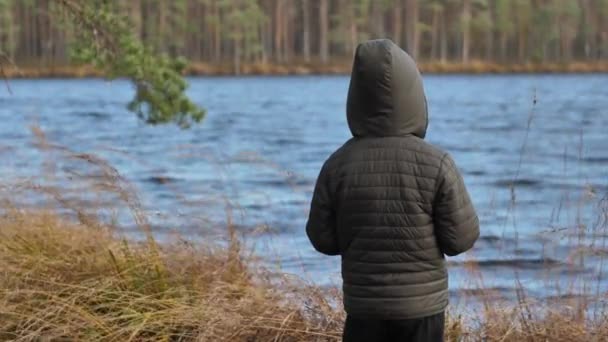 Niño Está Solo Orilla Del Lago — Vídeos de Stock