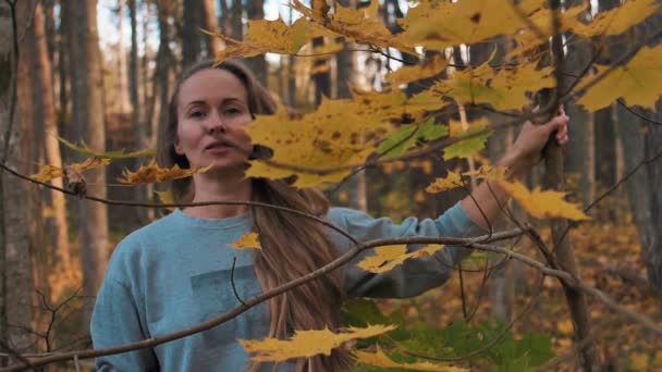 Una Hermosa Mujer Con Pelo Largo Sacude Árbol Bosque — Vídeos de Stock