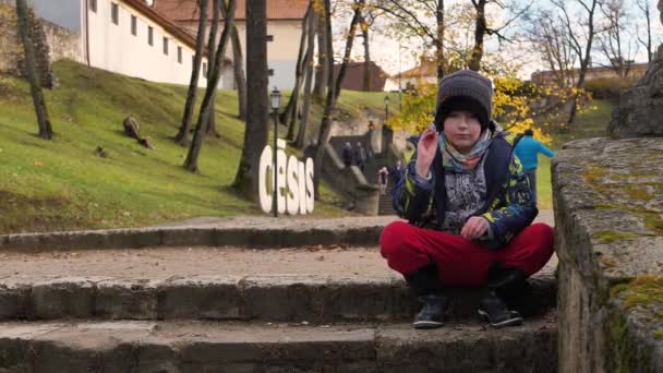Chlapec Sedí Velkém Schodišti Parku Během Podzimu — Stock video