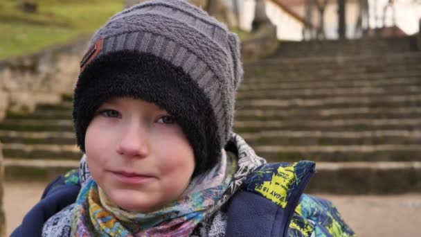 Хлопчик Сидить Великих Сходах Парку Восени — стокове відео