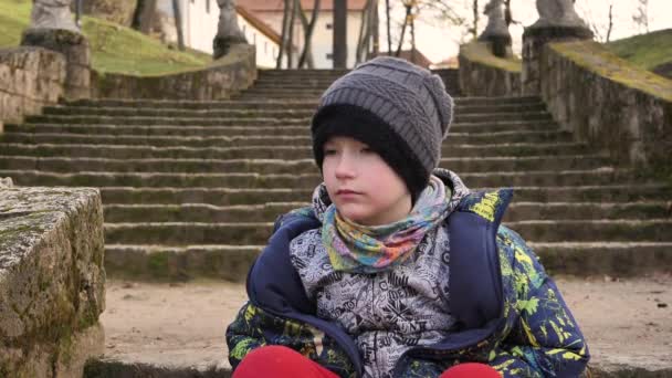 Boy Sits Large Staircase Park Autumn — Stock Video