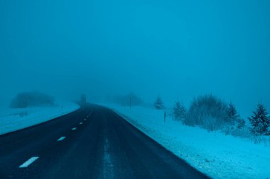 Akşamları sisli yol. Kış asfalt yolu bulanıklaştı. Bulanık fotoğraf
