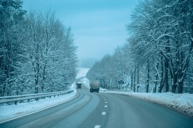Kış asfalt yolu. Kış yolu, kar ve Letonya manzaralı ağaçlar. Fotoğraflara yumuşak odaklan.