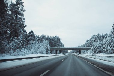 Kış asfalt yolu. Kış yolu, kar ve Letonya manzaralı ağaçlar. Fotoğraflara yumuşak odaklan.