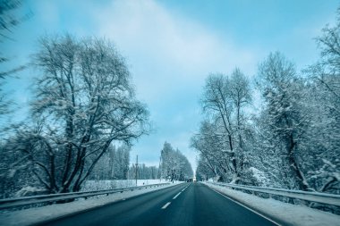 Kış asfalt yolu. Kış yolu, kar ve Letonya manzaralı ağaçlar. Fotoğraflara yumuşak odaklan.