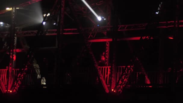 Old Railway Bridge Illuminated Light Show Bridge Lights Night Foggy — Stock Video
