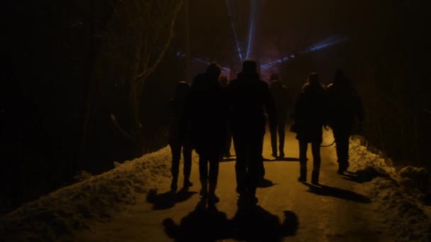 Oude Spoorbrug Verlicht Lichte Show Brug Lichten Nachts Mistige Achtergrond — Stockvideo