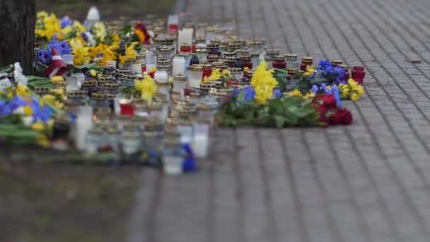Commemorative Candles Flowers Blue Yellow Ukrainian Fallen Soldiers — Stock Video