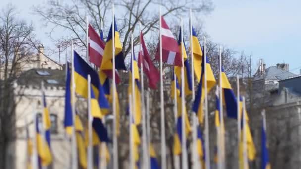 Ukrayna Bayrağı Savaş Değil Rusya Nın Letonya Daki Rus Büyükelçiliği — Stok video