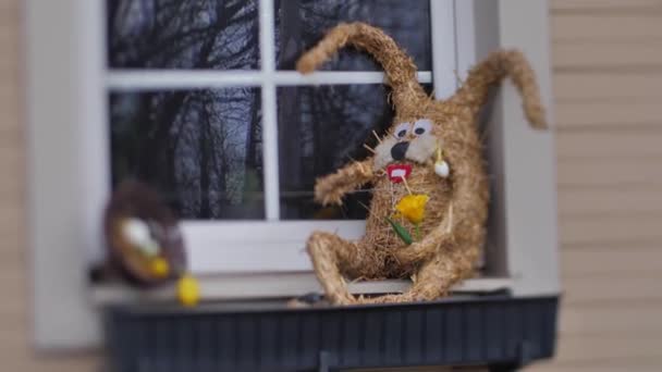 Osterhasen Fenster Strohhasen Warten Auf Ostern Selektiver Fokus — Stockvideo