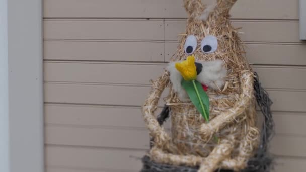 Osterhasen Fenster Strohhasen Warten Auf Ostern Selektiver Fokus — Stockvideo