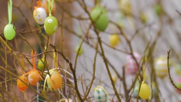 Eieren Opgehangen Aan Takken Tijdens Pasen — Stockvideo
