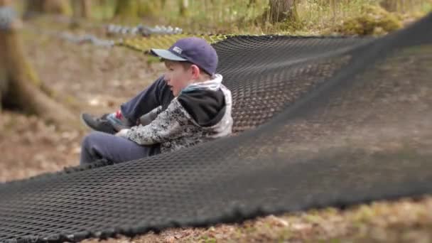 Child Rests Large Hammock Boy Resting Woods — Stock Video