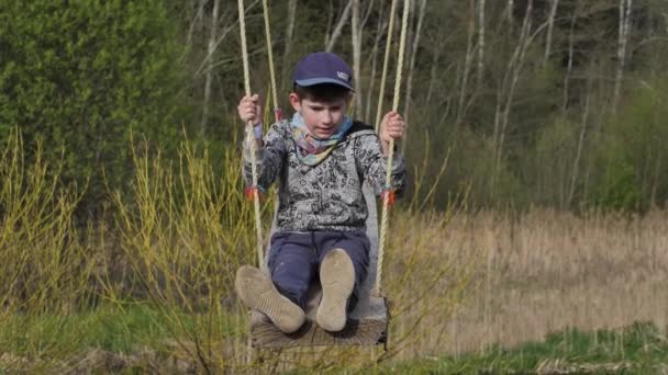 Een Kind Een Grote Schommel Jongen Zit Een Houten Schommel — Stockvideo