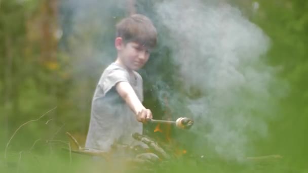 Boy Bakes Campfire Marshmallow — Stock Video