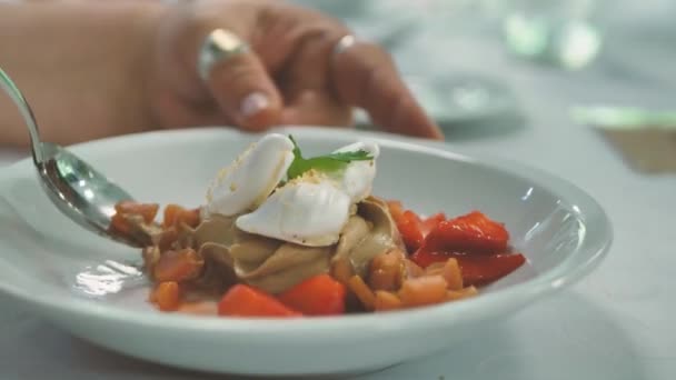 Lebensmittelverkostung Portionsinspektion Essen Sie Auf Einem Teller Der Mit Händen — Stockvideo