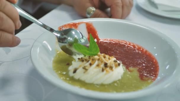 Inspeção Porção Degustação Alimentos Coma Prato Comido Com Mãos Garfo — Vídeo de Stock