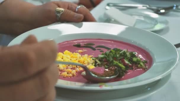 食品試飲部検査 あなたの手で食べるプレート上で食べ フォークとスプーン 柔らかい選択的フォーカス — ストック動画