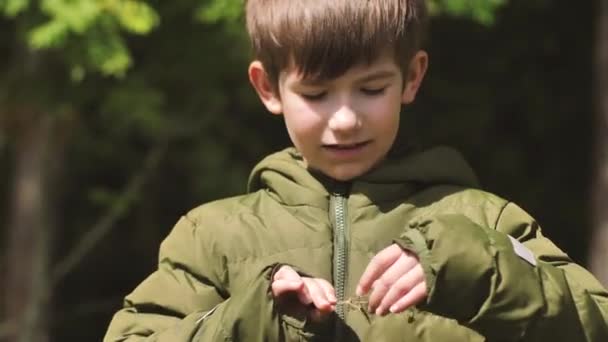小男孩吃野草莓 这个男孩甚至在森林的边缘也吃浆果 在森林中独自生存 — 图库视频影像