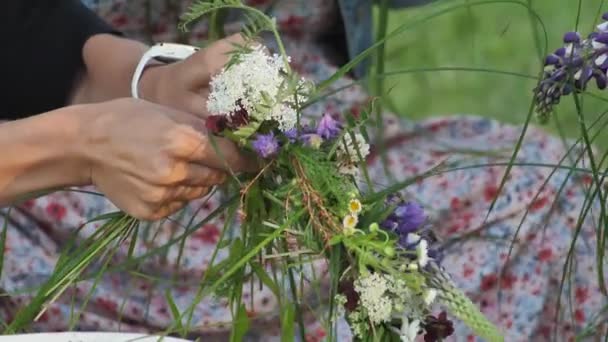 Corona Flores Hojas Roble Cabeza Celebración Del Solsticio Verano Zonas — Vídeo de stock