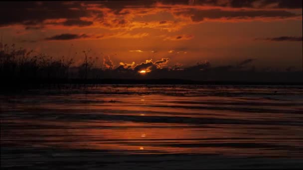 金色的落日在天空中 阳光在云彩表面的反射 漂亮的黄色夜晚镜头 夕阳西下 壮观的日落风景 神奇的自然光 多云的天空 — 图库视频影像