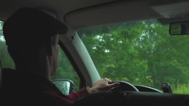 Man Wheel Car Man Hat Drives Car — Vídeos de Stock