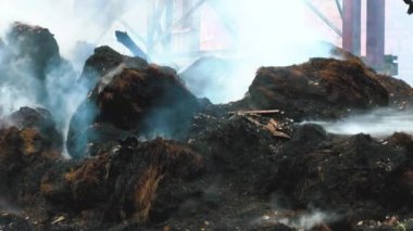 Firemen put out a burning grain mill. A fireman puts out the fire with a hose. The grain dryer burned down.