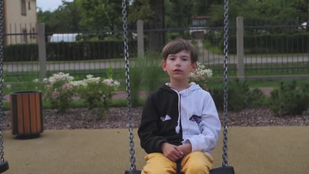 Little Boy Swinging Swing Playground One Child Boy Rested Swing — Stock Video