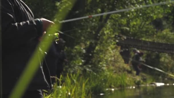 Ένας Ψαράς Πιάνει Ψάρια Στο Ποτάμι Την Περιστροφή Ψαράδες Στην — Αρχείο Βίντεο