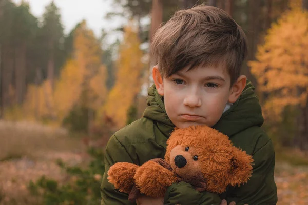 Ett Barn Ensam Skogen Med Nalle Pojke Ensamhet Höstskog — Stockfoto